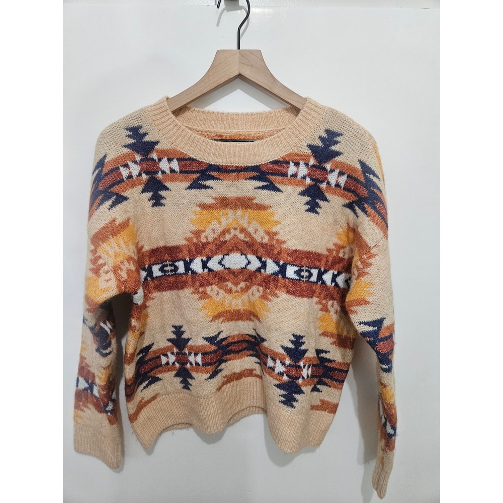 Lucky Brand Southwestern Geometric Intarsia Knit Sweater Tan Orange‎ Navy Medium